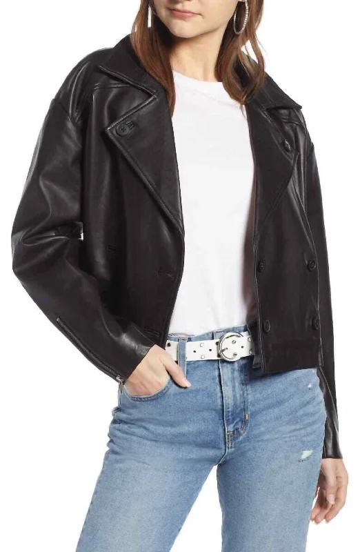 Shrunken Double Breasted Crop Leather Jacket In Black Timeless Women's Clothes