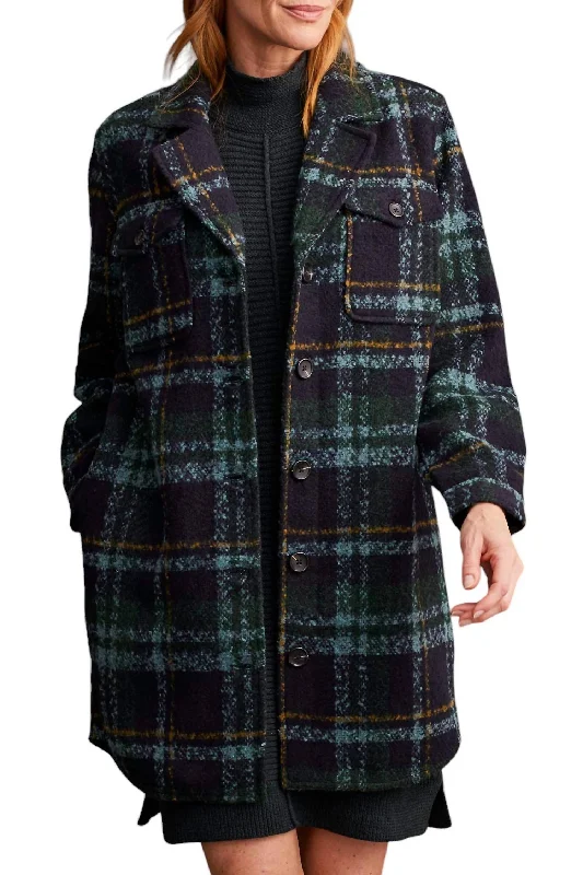 Boucle Plaid Shacket With Notch Collar In Alpine Green Vintage-Inspired Women's Clothes