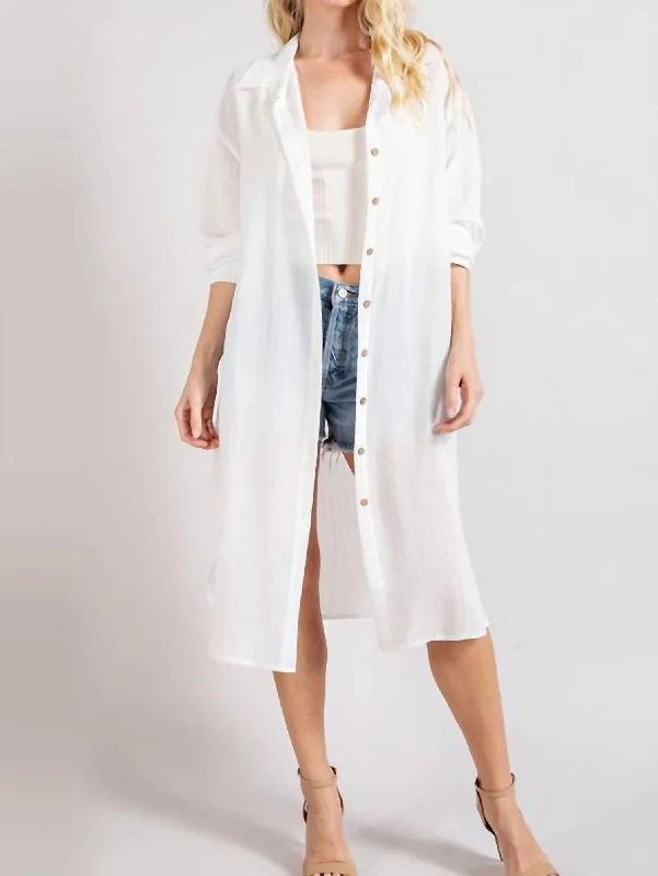 Button Down Long Jacket In White Stylish Loungewear for Women