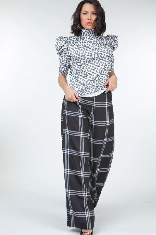 FASHNZFAB High Waist Plaid Print Wide Leg Pants Rocker Chic Fashion