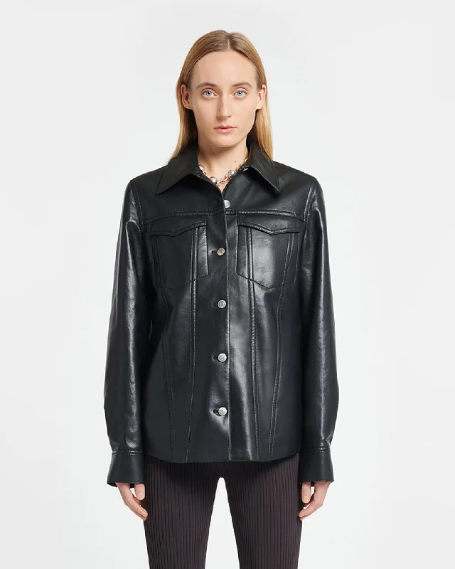 Rocio - Regenerated Leather Overshirt - Black Preppy Style