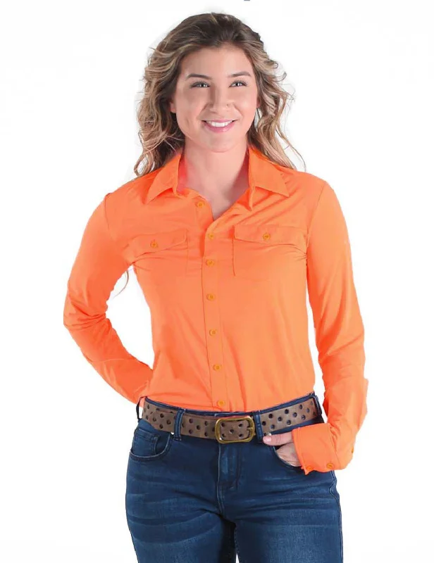 Cowgirl Tuff Womens Cooling UPF Button Up Tangerine Nylon L/S Shirt Women's Active Outfit For Fitness