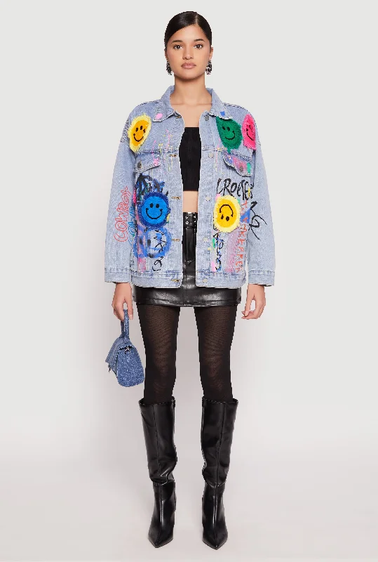 Daisy Smiley Face Patch Graffiti Denim Jacket Women's Clothing Apparel Sets