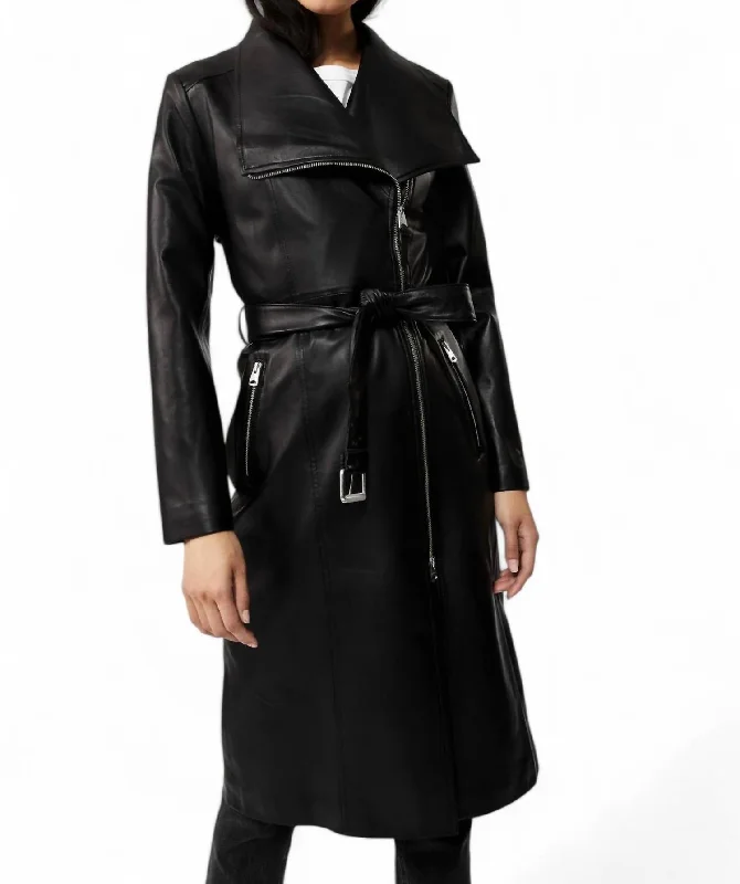 Estela Tailored Leather Trench Coat In Black Relaxed Fit Women's Fashion