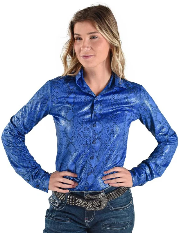 Cowgirl Tuff Womens Mid-Weight Snake Blue Polyester L/S Shirt Casual Attire For Women