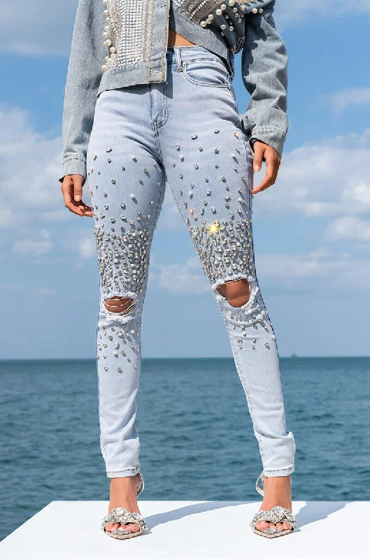 OUTTA THIS WORLD DISTRESSED RHINESTONE HIGH RISE SKINNY JEANS Women's Layered Outfit