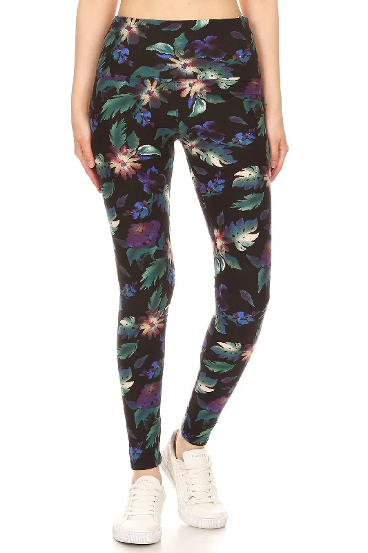 FASHNZFAB Long Yoga Style Banded Lined Floral Printed Knit Legging With High Waist Clearance Sale