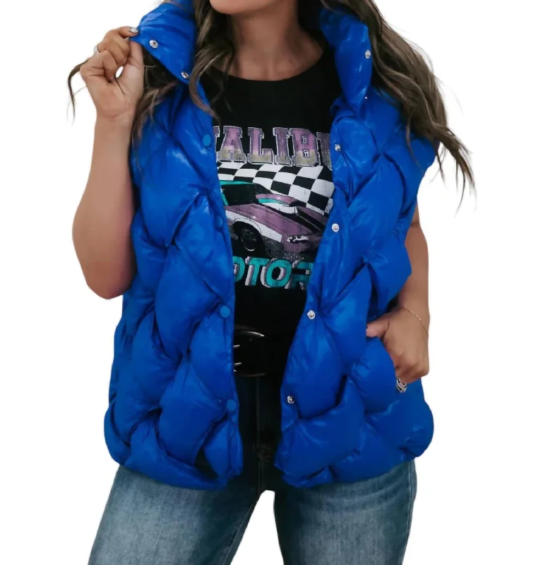 Button Woven Puffer Vest In Royal Blue Women's Outfit For The Office