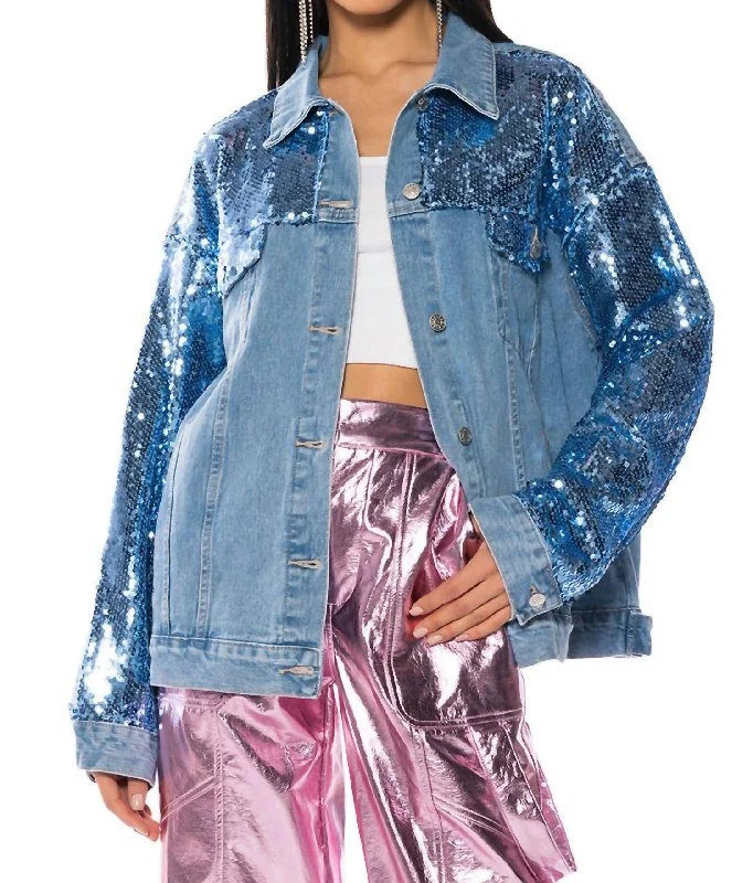 Bring It On Sequin Jacket In Denim Women's Athletic Clothes