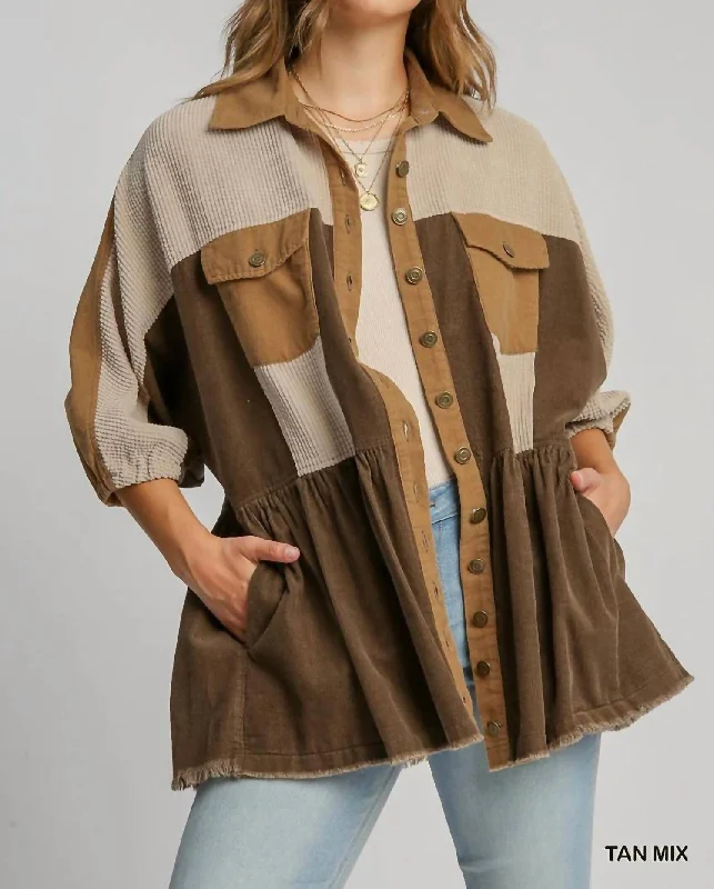 Corduroy Button Down Jacket In Tan Mix Women's Vacation Outfit Set