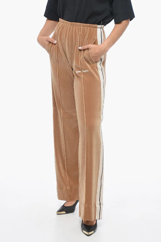 Palm Angels Velour Straight Fit Track Pants with Contrasting Bands Women's Fashion Clothing