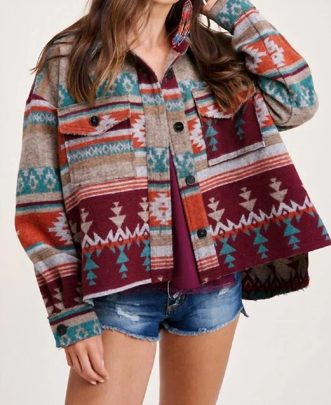 Boho Aztec Jacket In Wine Modern Women's Outfit