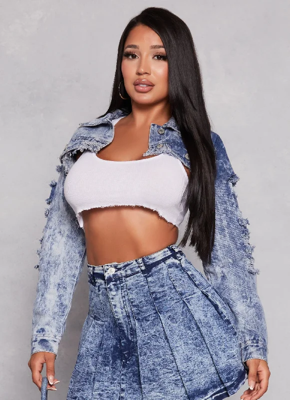 Distressed Frayed Hem Bolero Denim Jacket Timeless Women's Apparel