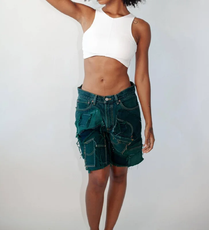 Patched Denim Shorts In Green Tailored Clothing For Women