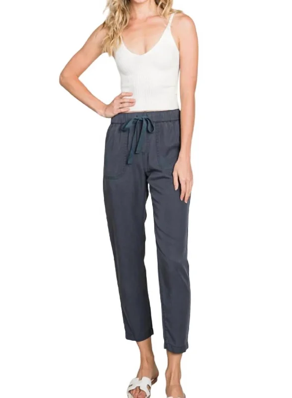 Tencel Drawstring Pocket Pant In Charcoal Blue Clothes For Woman