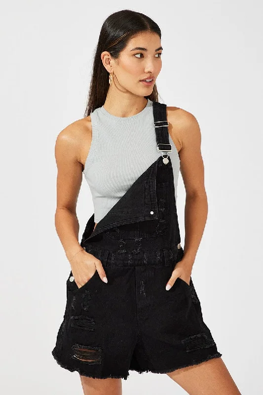 Black Short Overalls Ripped Versatile Women's Clothing for All Occasions