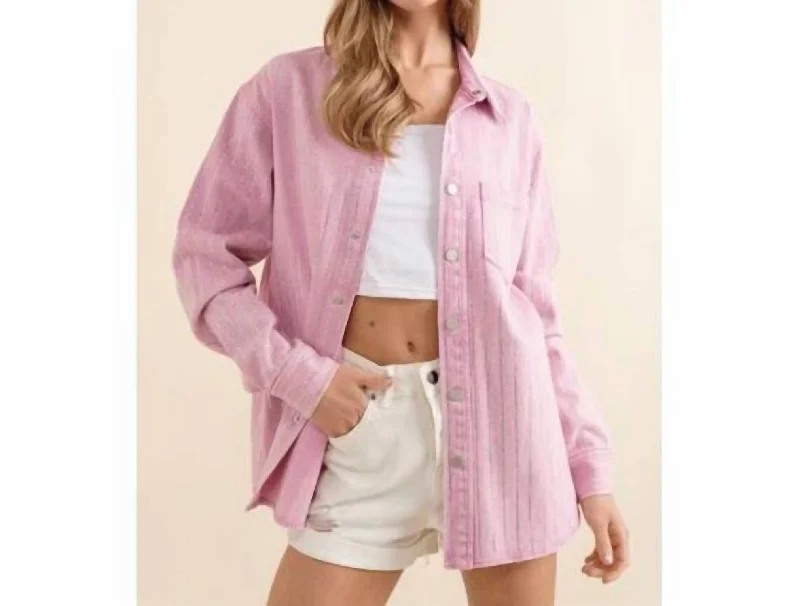 Rhinestone Pinstripe Denim Jacket In Pink Women's Plus-Size Outfit