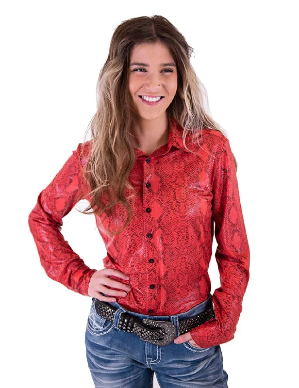 Cowgirl Tuff Womens Snakeskin Pullover Red Polyester L/S Shirt Women's Effortless Casual Outfit