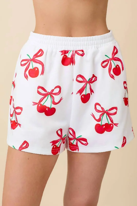 Cherries This Christmas Lounge Shorts In White/ Red Casual Outfit For Women