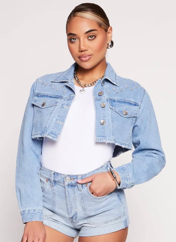 Almost Famous Rhinestone Detail Cropped Jean Jacket Women's Resort Apparel