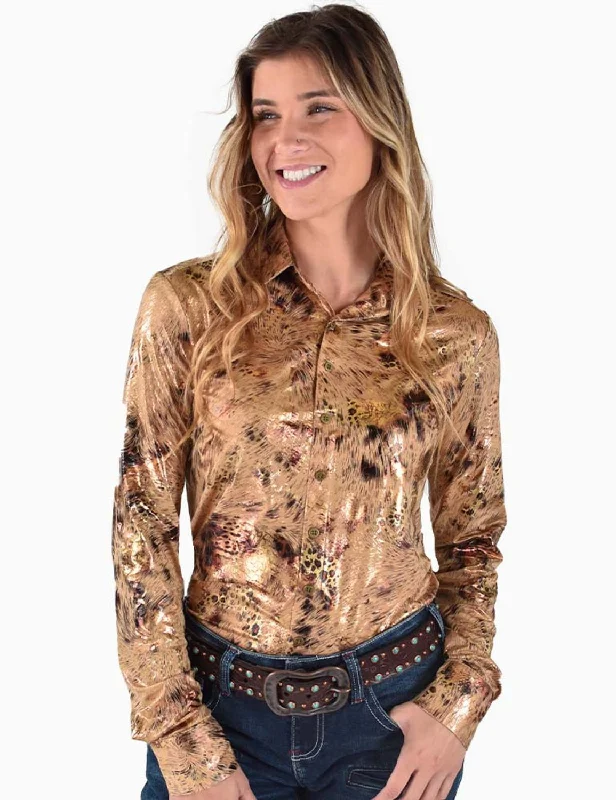 Cowgirl Tuff Womens Mid-Weight Leopard Tan Polyester L/S Shirt Women's Attire