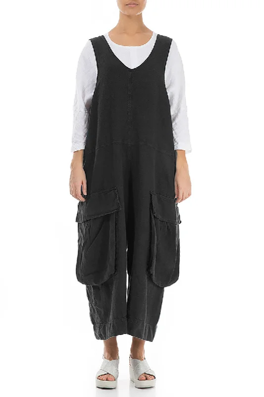 Wide Loose Black Linen Jumpsuit Flash Discount