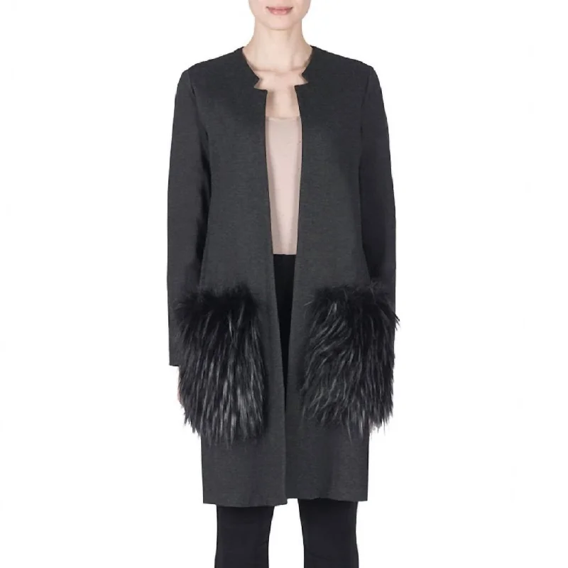 Fur Pocket Coat In Grey Women's Vacation Garments