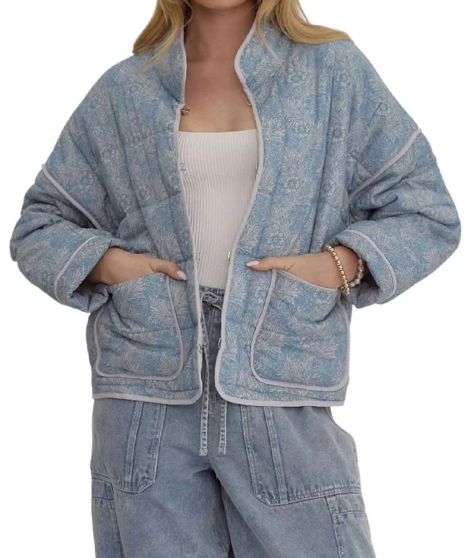 Amelia Quilted Jacket In White/blue Print Women's Elegant Apparel