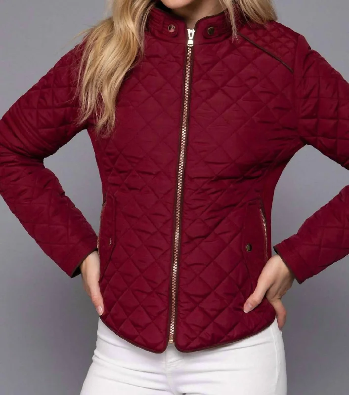 Lightweight Suede Trim Quilted Jacket In Wine Women's Outerwear Apparel