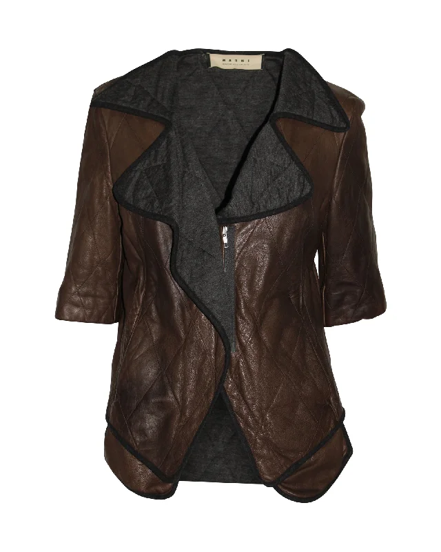 Marni Two-Tone Oversized Lapel Quilted Jacket in Brown Sheepskin Leather Modern Women's Apparel